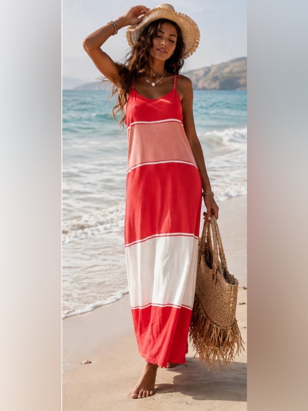 Women’s Colorblock Red Cream Maxi Slip Dress